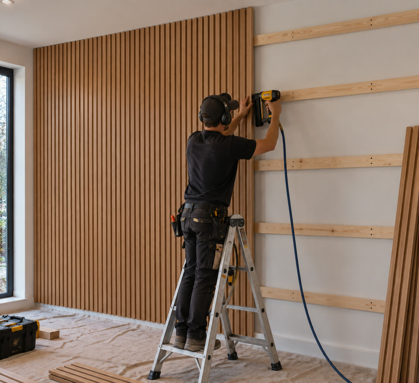 A fitter nail-gunning oak slat panels onto a battened wall