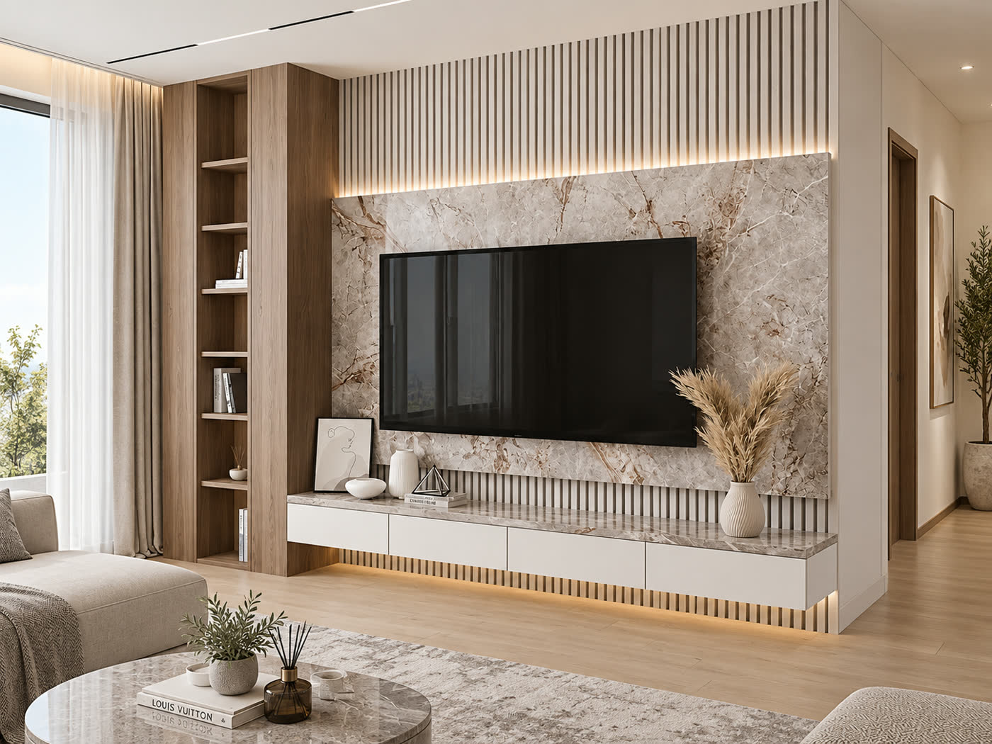 A stone-clad feature wall with built-in timber shelving and concealed cove lighting